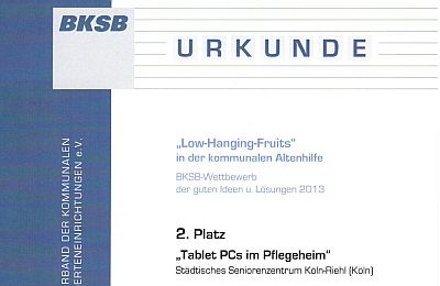 Ausschnitt der BKSB-Urkunde für das SBK-Projekt "Tablet-PCs im Pflegeheim"