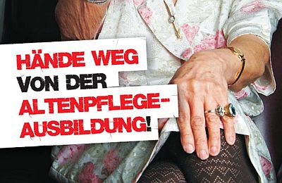 Ausschnitt Postkartenmotiv Hände weg von der Altenpflege-Ausbildung